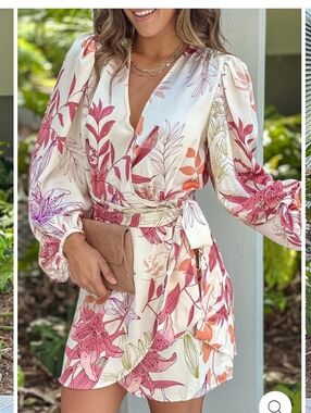 Floral Wrap Mini Dress in Cream and Pink